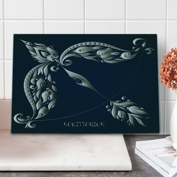 Zodiac Sagittarius Cutting Board, Hand Drawn Bow Arrow Motif Leaves Flowers Astrology Sign, Decorative Tempered Glass Cutting and Serving Board, Large Size, Dark Blue and Grey, by Ambesonne