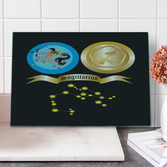 Zodiac Sagittarius Cutting Board, Mythical Centaur Motif with Zodiac Sign and Constellation Stars Pattern, Decorative Tempered Glass Cutting and Serving Board, Large Size, Multicolor, by Ambesonne