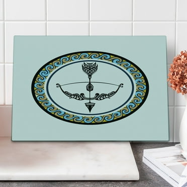 Zodiac Sagittarius Cutting Board, Victorian Inspired Bow and Arrow Design with Colorful Curves and Swirls, Decorative Tempered Glass Cutting and Serving Board, Large Size, Multicolor, by Ambesonne