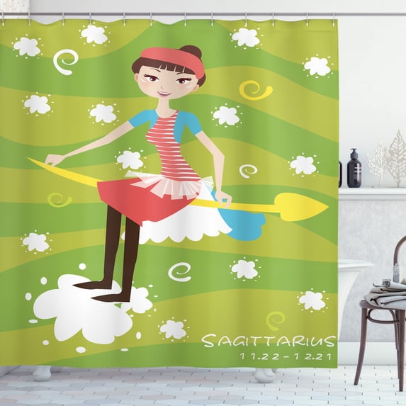 Zodiac Sagittarius Shower Curtain, Cartoon Girl Sitting on an Arrow Motif Horoscope on a Stripes Background, Fabric Bathroom Set with Hooks, 69W X 70L Inches, Multicolor, by Ambesonne