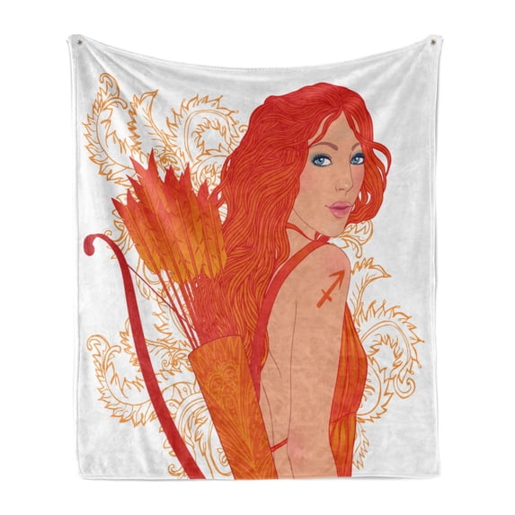 Zodiac Sagittarius Soft Flannel Fleece Blanket, Archer Woman with Swirled Leaves Background Cartoon Zodiac Design, Cozy Plush for Indoor and Outdoor Use, 60" x 80", Tan and Vermilion, by Ambesonne