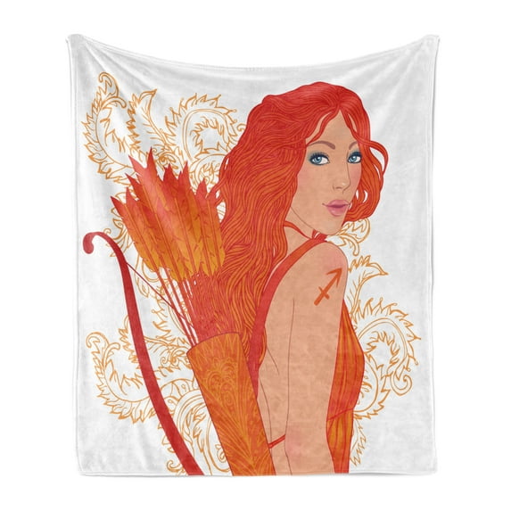 Zodiac Sagittarius Soft Flannel Fleece Blanket, Archer Woman with Swirled Leaves Background Cartoon Zodiac Design, Cozy Plush for Indoor and Outdoor Use, 70" x 90", Tan and Vermilion, by Ambesonne