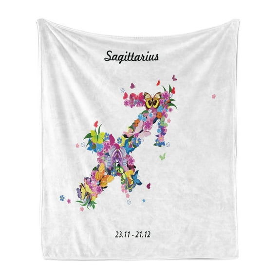 Zodiac Sagittarius Soft Flannel Fleece Blanket, Blossoming Arrow Shape Flowers and Butterflies Flourishing Nature Design, Cozy Plush for Indoor and Outdoor Use, 50" x 70", Multicolor, by Ambesonne