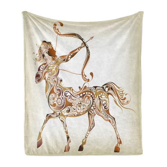 Zodiac Sagittarius Soft Flannel Fleece Throw Blanket, Abstract Pattern of Centaur Archer with Bow and Arrow Spirals, Cozy Plush for Indoor and Outdoor Use, 50" x 70", Caramel Pale Brown, by Ambesonne