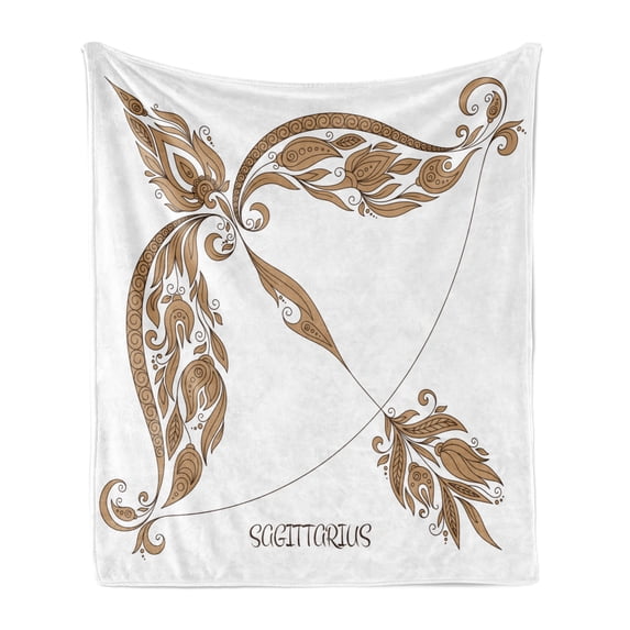 Zodiac Sagittarius Soft Flannel Fleece Throw Blanket, Bow and Arrow Pattern with Hand Drawn Flowers Vintage Design, Cozy Plush for Indoor and Outdoor Use, 50" x 60", Caramel and Black, by Ambesonne