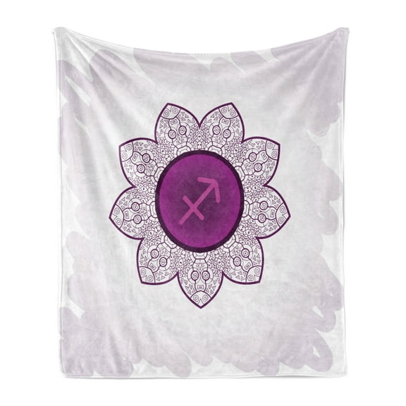 Zodiac Sagittarius Soft Flannel Fleece Throw Blanket, Oriental Mandala Design with Horoscope Floral Arrangement, Cozy Plush for Indoor and Outdoor Use, 50" x 70", Purple and White, by Ambesonne