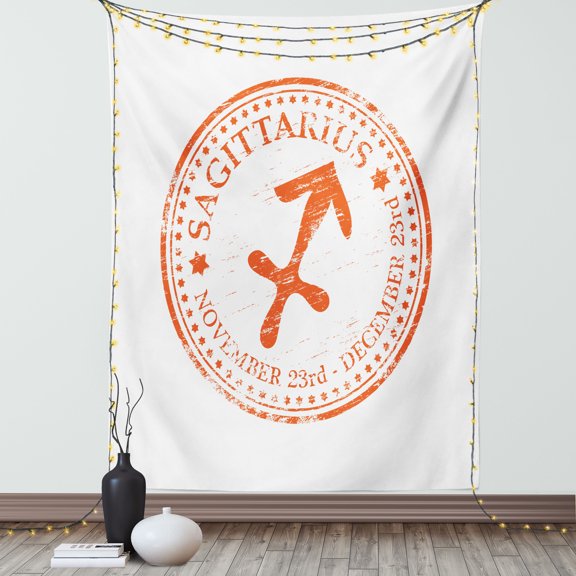 Zodiac Sagittarius Tapestry, Grunge Sagittarius Logo with Stars Pattern Constellation Theme, Wall Hanging for Bedroom Living Room Dorm Decor, 60W X 80L Inches, Orange White, by Ambesonne