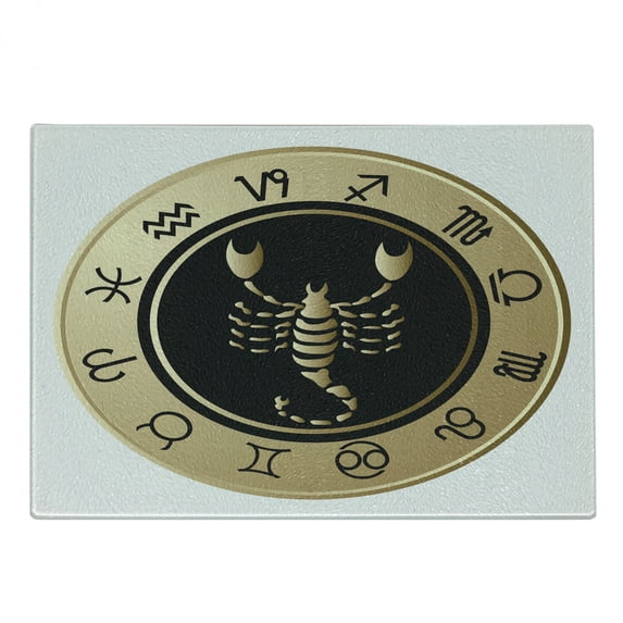 Zodiac Scorpio Cutting Board, 12 Signs in a Circle with Scorpion in the Middle Astrology, Decorative Tempered Glass Cutting and Serving Board, Small Size, Sand Brown Black White, by Ambesonne