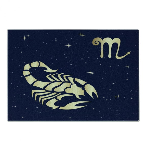 Zodiac Scorpio Cutting Board, Esoteric Future Prediction Theme Night Sky with Stars, Decorative Tempered Glass Cutting and Serving Board, Small Size, Indigo and Pale Yellow, by Ambesonne