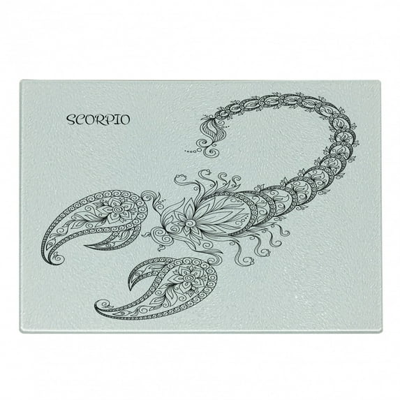 Zodiac Scorpio Cutting Board, Hand Drawn Line Art Style Floral Animal with Inscription Tattoo Design, Decorative Tempered Glass Cutting and Serving Board, Small Size, Black and White, by Ambesonne