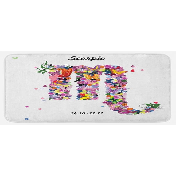 Zodiac Scorpio Kitchen Mat, Floral Spring Inspired Horoscope Sign Design with Butterflies Colorful Wings, Plush Decorative Kitchen Mat with Non Slip Backing, 47" X 19", Multicolor, by Ambesonne