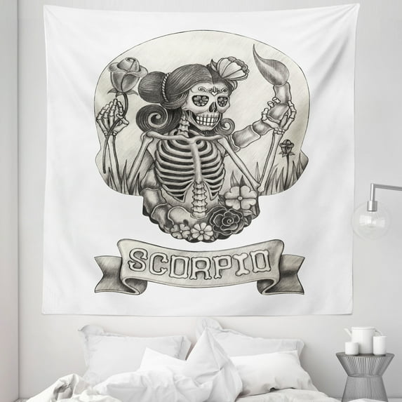 Zodiac Scorpio Tapestry, Human Skeleton Sugar Skull Design Dead Woman with Flowers Vintage, Fabric Wall Hanging Decor for Bedroom Living Room Dorm, 5 Sizes, Beige Black White, by Ambesonne
