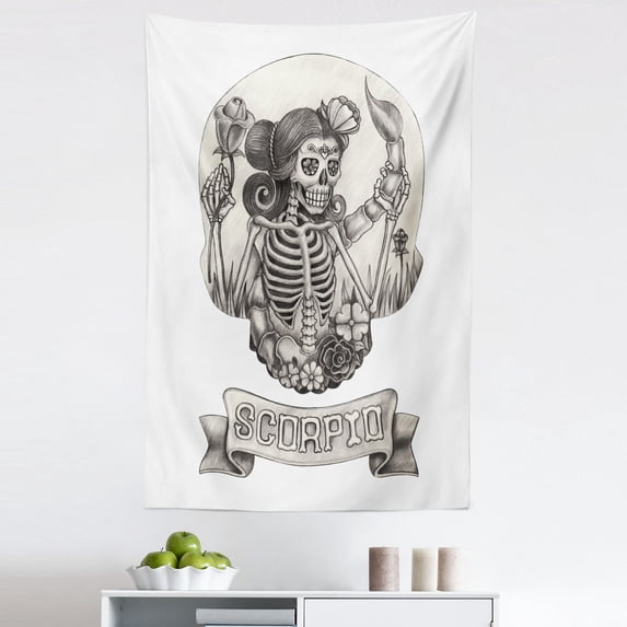 Zodiac Scorpio Tapestry, Human Skeleton Sugar Skull Design Dead Woman with Flowers Vintage, Fabric Wall Hanging Decor for Bedroom Living Room Dorm, 5 Sizes, Beige Black White, by Ambesonne