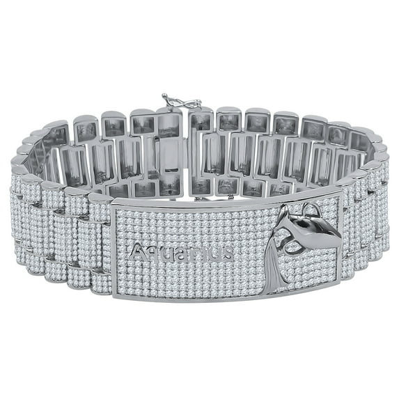 Zodiac Sign Aquarius Water 14K White Gold Tone Simulated Diamond Mens Bracelet 8.5''