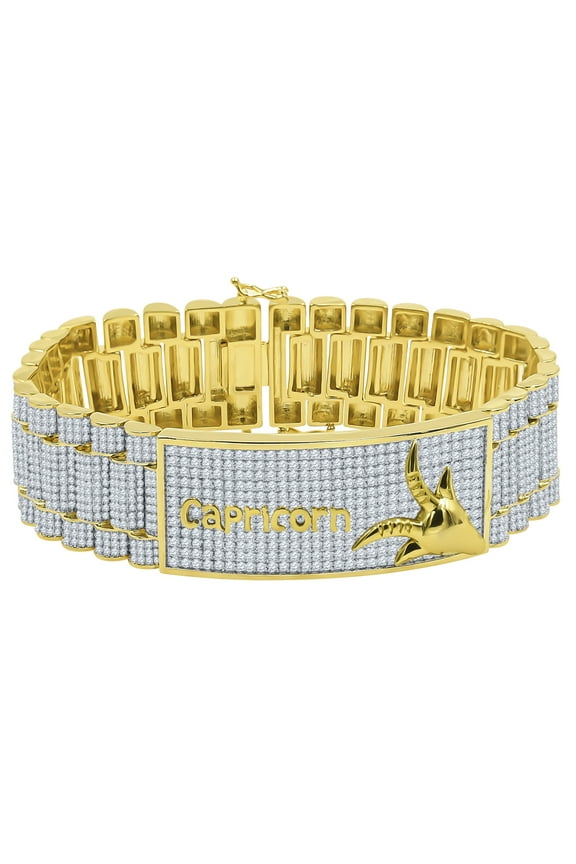 Zodiac Sign Astrology Horoscope Capricorn Horse 14K Gold Yellow Tone Simulated Diamond Mens Bracelet 8.5''