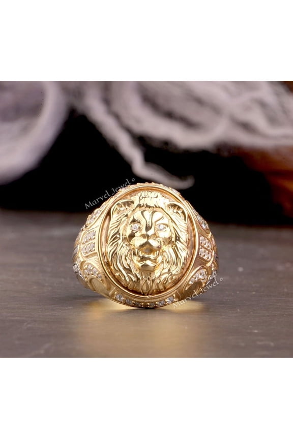 Zodiac Sign Leo Diamond Ring, Men's Diamond Engagement Ring, Dome Ring For Men, 14K Yellow Gold Plated, 1.6 Ct Simulated Diamond, Lion Face Ring, Father's Day Gift