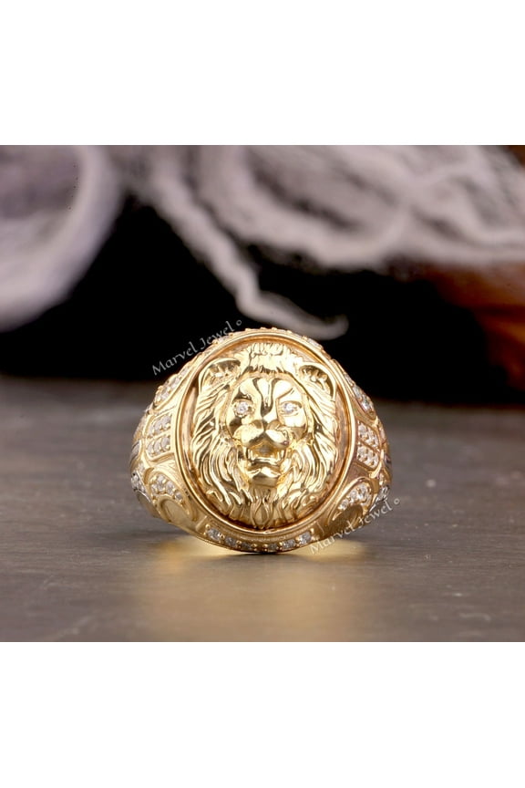 Zodiac Sign Leo Diamond Ring, Men's Diamond Engagement Ring, Dome Ring For Men, 14K Yellow Gold Plated, 1.6 Ct Simulated Diamond, Lion Face Ring, Father's Day Gift