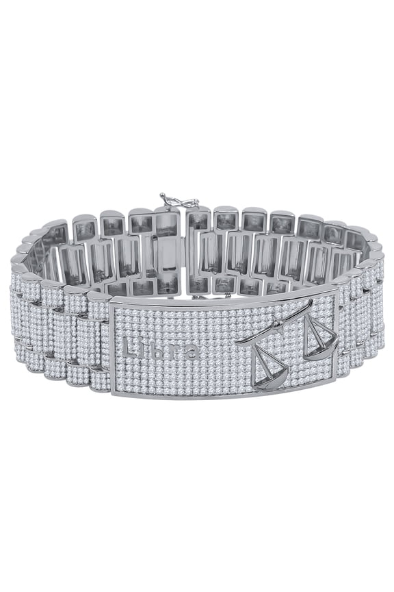 Zodiac Sign Libra Scales 14K White Gold Finish Simulated Diamonds Mens Bracelet 8.5''