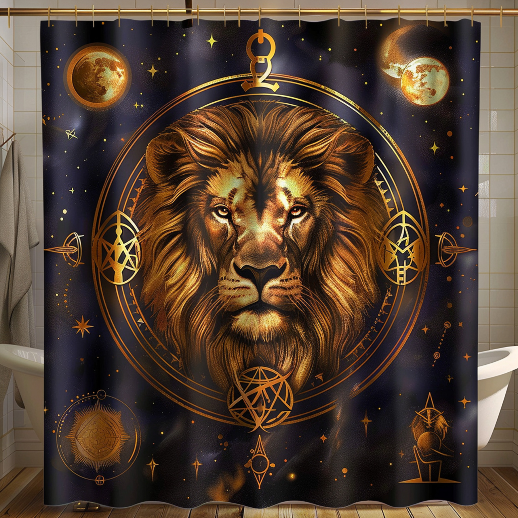 Zodiac Sign Lion Shower Curtain with Horoscope Symbols Unique Bathroom