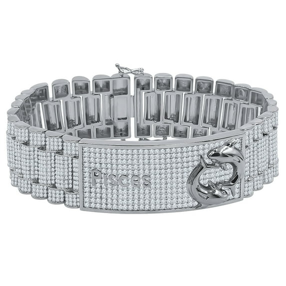 Zodiac Sign Pisces Fish 14K White Gold Finish Simulated Diamond Mens Bracelet 8.5''