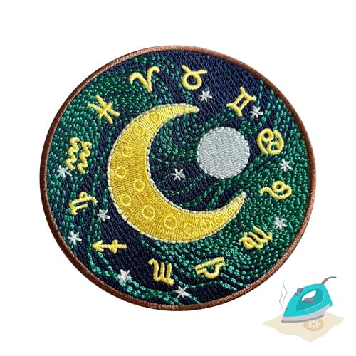 Zodiac Signs Celestial Moon And Stars Iron On Patch Embroidered Sew On Patches For Clothing, Jeans, Jackets, Backpacks, Hoodies Astrology Cosmic Applique Embroidery Patch For Tote Bags