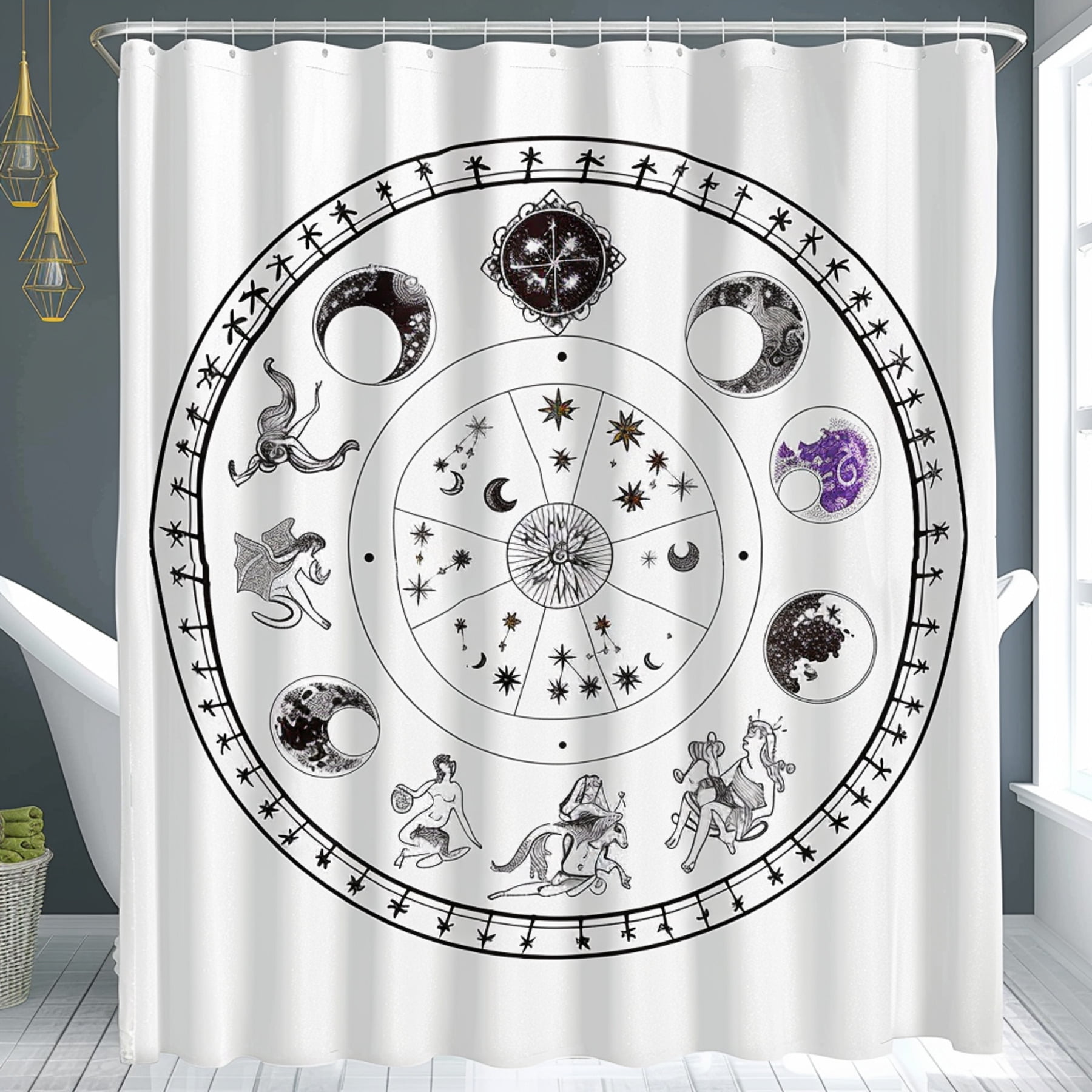 Zodiac Signs Circle Shower Curtain with Stars and Moon Design Bathroom