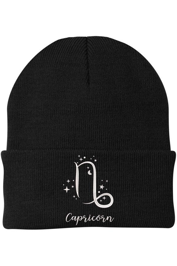 Zodiac Signs Embroidered Beanie | 100% Acrylic Warm Skull Caps with 12 Astrology Designs | Horoscope Symbol Headwear for Men & Women, Black