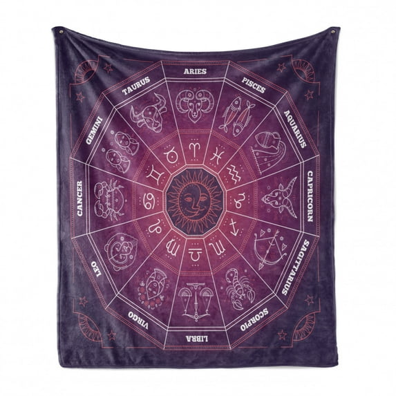 Zodiac Soft Flannel Fleece Blanket, Colorful Circle Regarding the Position of Celestial Bodies Place of Birth Theme Design, Cozy Plush for Indoor and Outdoor Use, 50" x 70", Purple, by Ambesonne