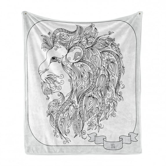 Zodiac Soft Flannel Fleece Blanket, Visage of Zodiac Sign Leo with Flowers on Hair the King of Forest Horoscope Theme, Cozy Plush for Indoor and Outdoor Use, 50" x 60", Black White, by Ambesonne