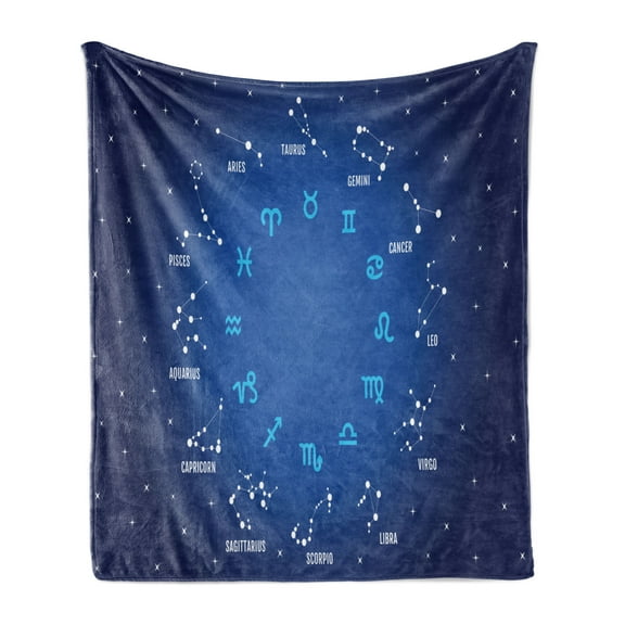 Zodiac Soft Flannel Fleece Throw Blanket, Horoscope and Constellations with Stars in Night Sky Blue Tones Ombre Effect, Cozy Plush for Indoor and Outdoor Use, 70" x 90", Multicolor, by Ambesonne