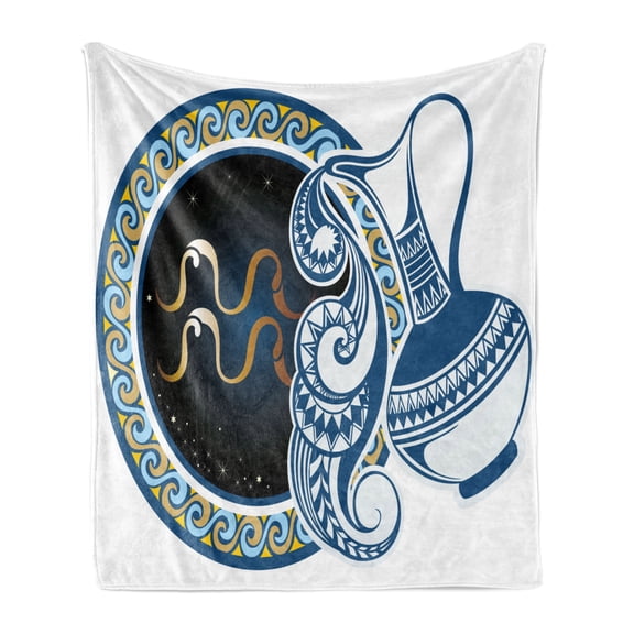 Zodiac Soft Flannel Fleece Throw Blanket, Image of Aquarius Sign with Jug and Circular Globe World Form on the Background, Cozy Plush for Indoor and Outdoor Use, 60" x 80", Multicolor, by Ambesonne