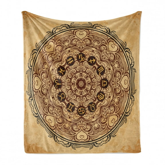 Zodiac Soft Flannel Fleece Throw Blanket, Micro Cosmos Universe Eastern Lace Mandala Form with Signs on Grunge Backdrop, Cozy Plush for Indoor and Outdoor Use, 50" x 60", Brown Tan, by Ambesonne