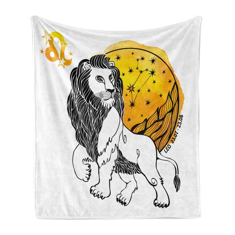 Zodiac Soft Flannel Fleece Throw Blanket Royal Leader of Zodiac Sign Leo with Giant Sun and Stars Birth Fortune Image Cozy Plush for Indoor and