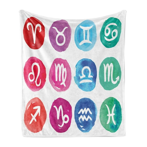 Zodiac Soft Flannel Fleece Throw Blanket, Watercolor Effect Rounds with Horoscope Astrological Items on a Plain Background, Cozy Plush for Indoor and Outdoor Use, 50" x 60", Multicolor, by Ambesonne