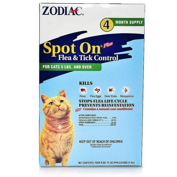 Zodiac Spot on Plus Flea & Tick Control for Cats & Kittens - Cats over 5 lbs (4 Pack)