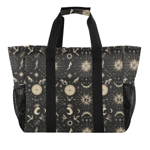 Zodiac Sun Moon Animals Reusable Grocery Bags with Handle Side Pocket Waterproof Shopping Portable Tote