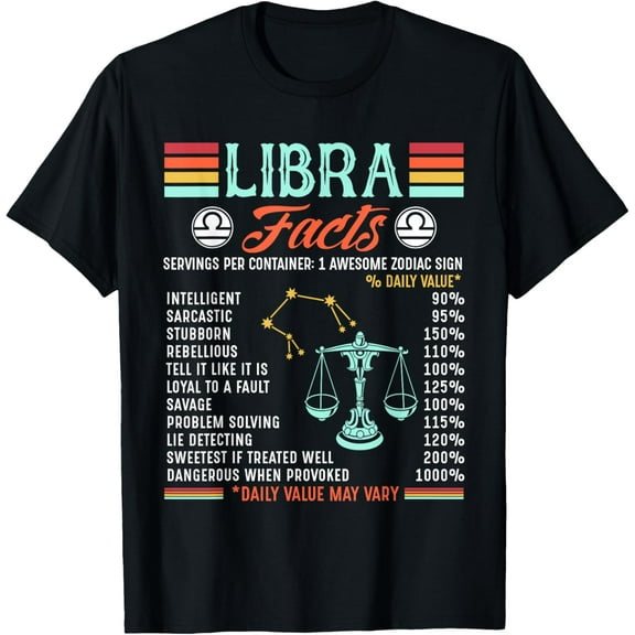 Zodiac Symbol Libra Facts Horoscope Astrology Sign T-ShirtMen and women, Black T-shirt, size: Extra large