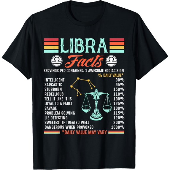 Zodiac Symbol Libra Facts Horoscope Astrology Sign T-ShirtMen and women, Black T-shirt, size: Extra large