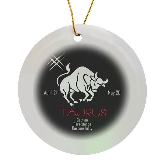 3drose, Zodiac Symbol Taurus on Black Background, Circle Porcelain Ornament