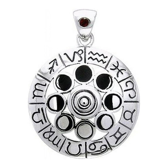 Zodiac Symbols Pendant Moon Phase Wheel 925 Sterling Silver Astrology Jewelry