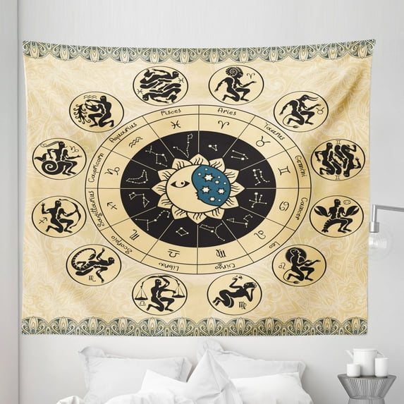 Zodiac Tapestry, Horoscoope Wheel of and Written Names, Fabric Wall Hanging Decor for Bedroom Living Room Dorm, 5 Sizes, Beige Charcoal Grey, by Ambesonne