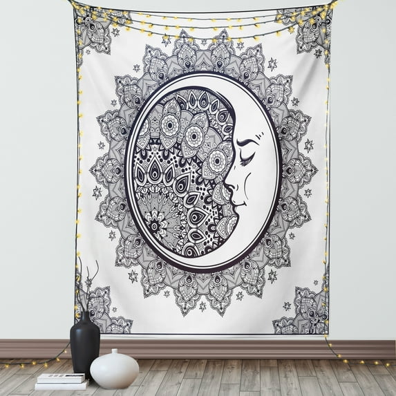 Zodiac Tapestry, Intricate Boho Ethnic Mandala Form with Crescent Moon Foreground Alchemy Symbol, Wall Hanging for Bedroom Living Room Dorm Decor, 40W X 60L Inches, Dark Blue White, by Ambesonne