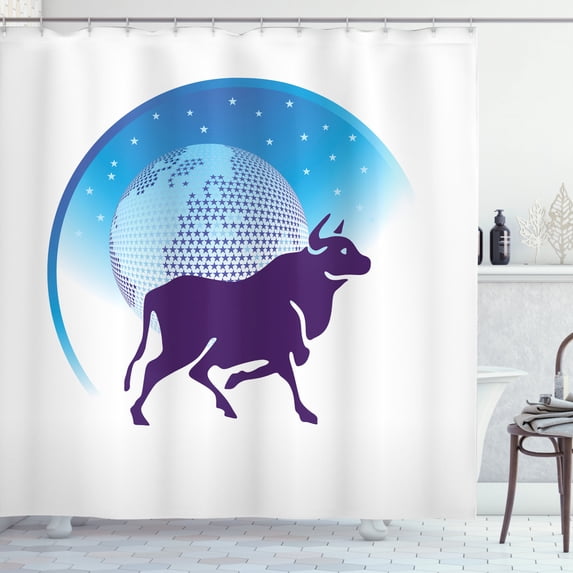 Zodiac Taurus Shower Curtain, Earth Globe with Stars and Dark Bull Animal Universe Future, Fabric Bathroom Set with Hooks, 69W X 84L Inches Extra Long, Dark Purple Blue and White, by Ambesonne