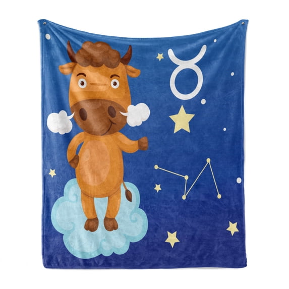 Zodiac Taurus Soft Flannel Fleece Blanket, Cartoon Bull Character on Blue Cloud in Sky with Stars Constellation and Sign, Cozy Plush for Indoor and Outdoor Use, 70" x 90", Multicolor, by Ambesonne