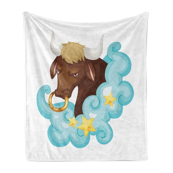 Zodiac Taurus Soft Flannel Fleece Blanket, Cosmic Cartoon Art Bull Character Behind Blue Fluffy Cloud with Yellow Stars, Cozy Plush for Indoor and Outdoor Use, 70" x 90", Multicolor, by Ambesonne