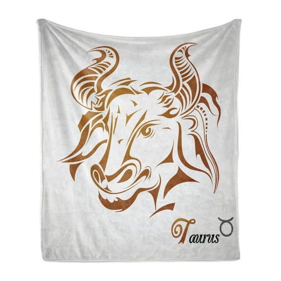 Zodiac Taurus Soft Flannel Fleece Throw Blanket, Animal Face with and Design Horoscope Style Art Print, Cozy Plush for Indoor and Outdoor Use, 70" x 90", Pale Brown Pale Grey, by Ambesonne