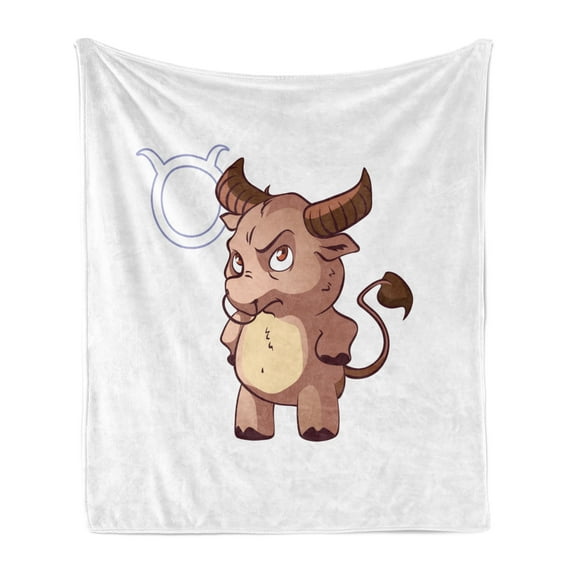 Zodiac Taurus Soft Flannel Fleece Throw Blanket, Funny Caricature Horned Animal Little Baby Bull with Cool Look Simple, Cozy Plush for Indoor and Outdoor Use, 60" x 80", Multicolor, by Ambesonne