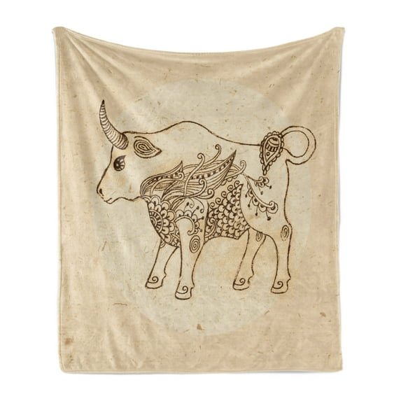 Zodiac Taurus Soft Flannel Fleece Throw Blanket, Hand Drawn Bull with Ornaments Vintage Antique Design, Cozy Plush for Indoor and Outdoor Use, 50" x 60", Brown and Sand Brown, by Ambesonne