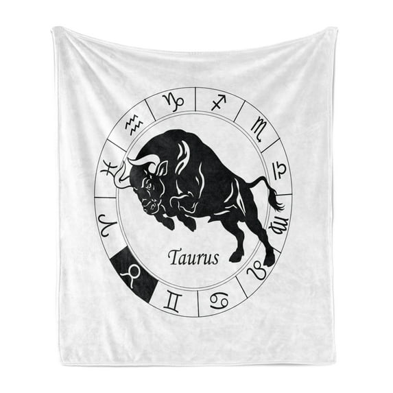 Zodiac Taurus Soft Flannel Fleece Throw Blanket, Mythological Ox Jumping Silhouette in a Zodiac Wheel with 12 Signs, Cozy Plush for Indoor and Outdoor Use, 70" x 90", Black and White, by Ambesonne