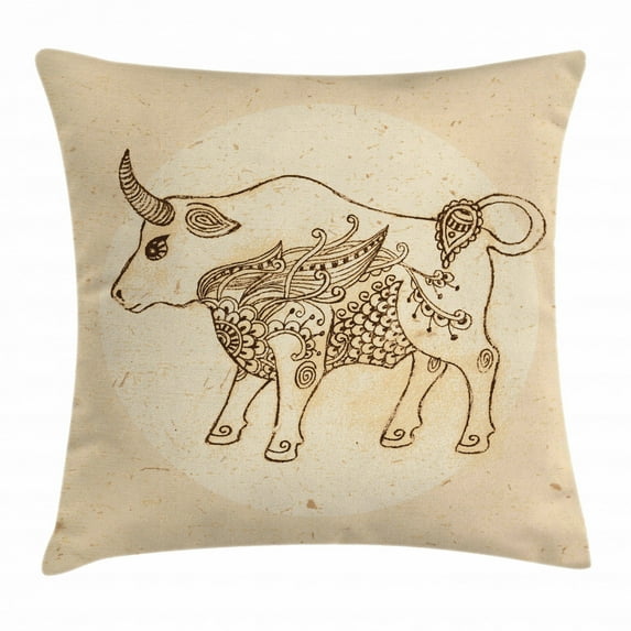 Zodiac Taurus Throw Pillow Cushion Cover, Hand Drawn Bull with Ethnic Ornaments Vintage Antique Tribal Design, Decorative Square Accent Pillow Case, 24 X 24 Inches, Brown and Sand Brown, by Ambesonne